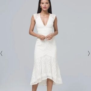 Monique Lhuillier X BHLDN Lorre White Lace Tea Length Cap Sleeve Dress